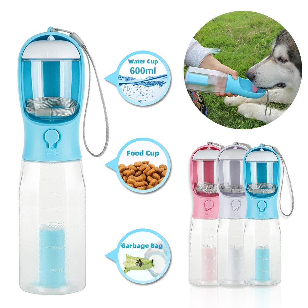 🐾 3-in-1 Portable Pet Water Bottle, Food Feeder & Poop Bag Dispenser